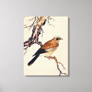 Japanese Woodcut of a Finch, Brown and Beige Canvas Print