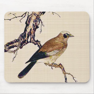 Japanese Woodcut of a Finch, Brown and Beige Mouse Mat