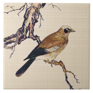 Japanese Woodcut of a Finch, Brown and Beige Tile