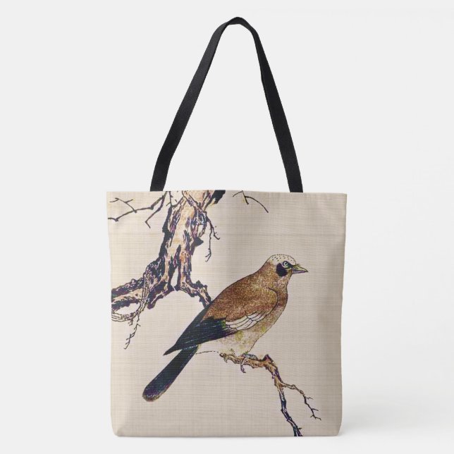 Japanese Woodcut of a Finch, Brown and Beige Tote Bag (Front)
