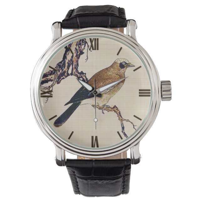 Japanese Woodcut of a Finch, Brown and Beige Watch (Front)