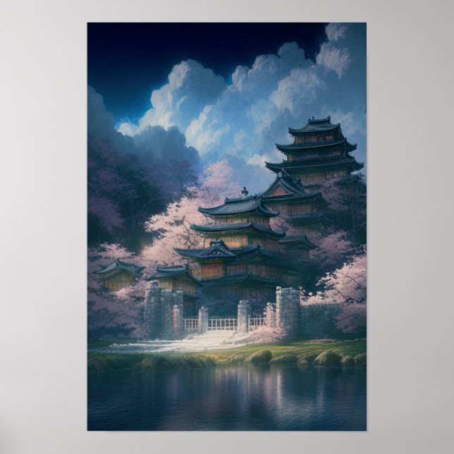 Japanese Wooden Castle by Calm Lake Poster (Front)