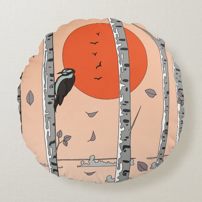 Japanese Woodpecker Round Cushion (Front)