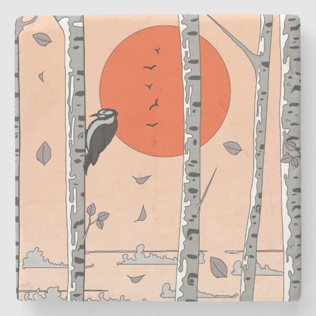 Japanese Woodpecker Stone Coaster (Front)
