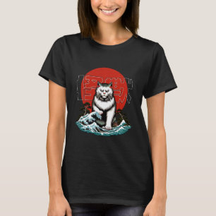 Japanese Yokai Cat - Angry Maneki Neko Great Wave T-Shirt