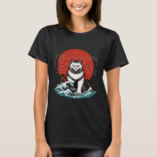 Japanese Yokai Cat - Angry Maneki Neko Great Wave T-Shirt