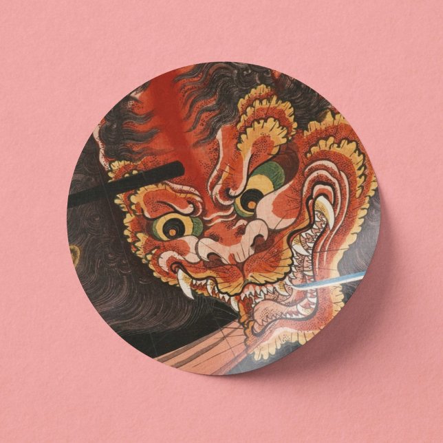 Japanese Yokai Oni King Shutendoji Fine Art Classic Round Sticker (Vintage Yokai Shutendoji- Paper View)