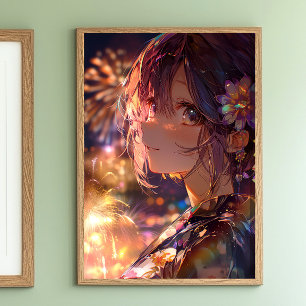Japanese Yukata Girl, Smiling Fireworks Poster