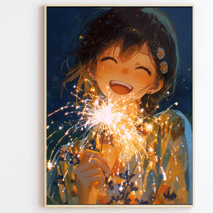 Japanese Yukata Girl with Sparkler Art Poster