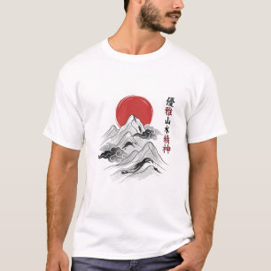 Japanese Zen Mountain Red Sun Ink Wash Art T-Shirt