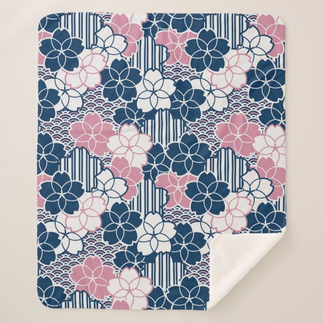 Japanse Sakura flowers geometric pattern Sherpa Blanket (Front)