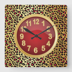 Jaquar Animal Print with Red and Gold Square Wall Clock