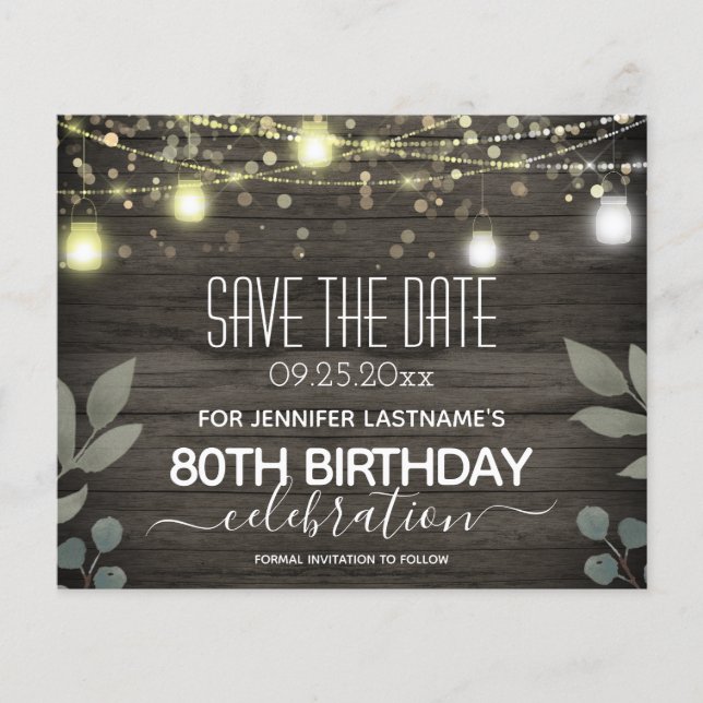Jar Light 80th Birthday Save the Date Budget (Front)