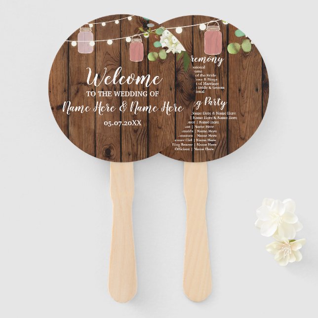 Jar Lights Floral Wood Jars Wedding Programme Fan (Front and Back)