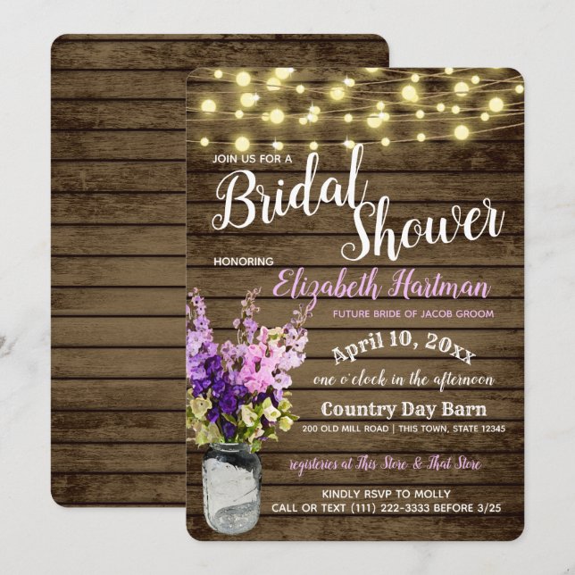 Jar of Delpheniums and Lights Rustic Bridal Shower Invitation (Front/Back)