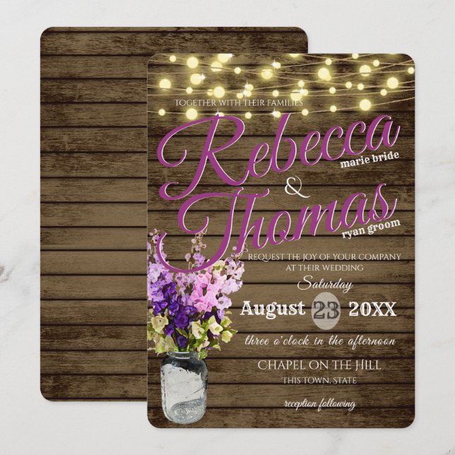 Jar of Delpheniums and Lights Rustic Wedding Invitation (Front/Back)