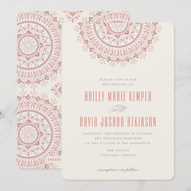 Jardin Mandala Wedding Invitation - Coral (Front/Back)