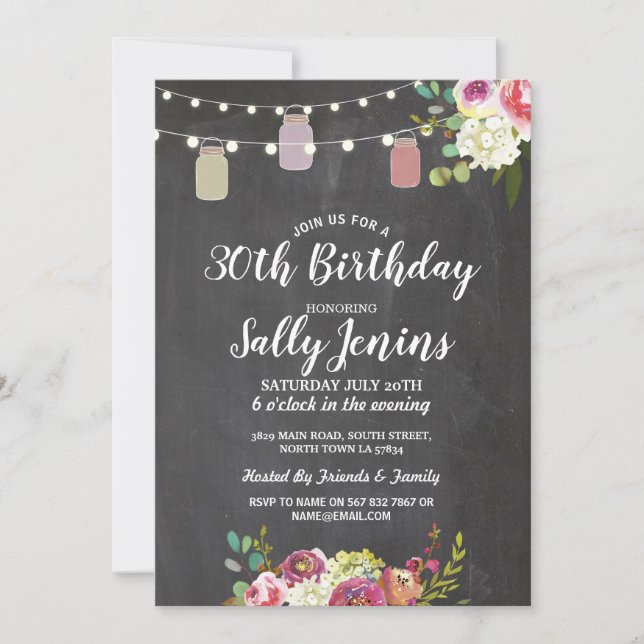 Jars Birthday Party Rustic Chalk Floral Invite (Front)