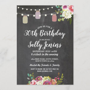 Jars Birthday Party Rustic Chalk Floral Invite