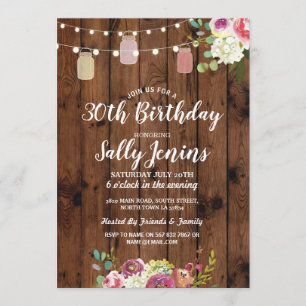 Jars Birthday Party Rustic Wood Floral Invite