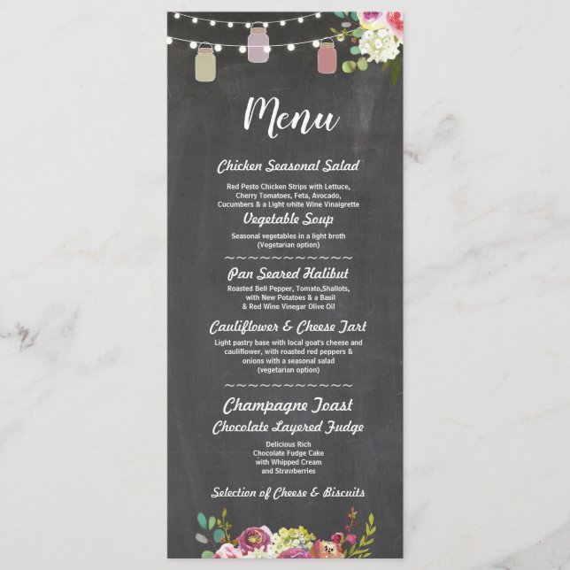 Jars Menu Wedding Reception Rustic Chalk Floral (Front)