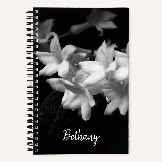 Jasmine Black and White Flowers Photograph Notebook (Front)