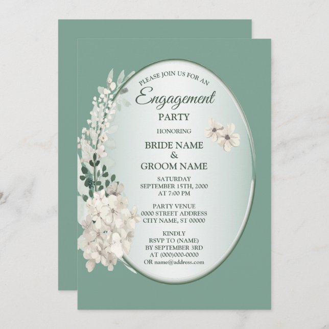 Jasmine Floral Green Geometric Engagement Party Invitation (Front/Back)