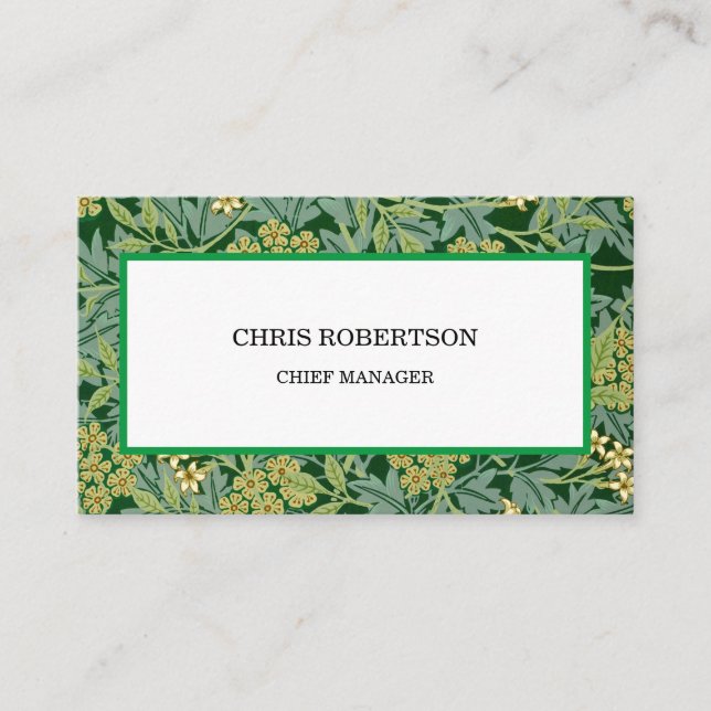 Jasmine Floral Pattern Green White Minimalist Business Card (Front)