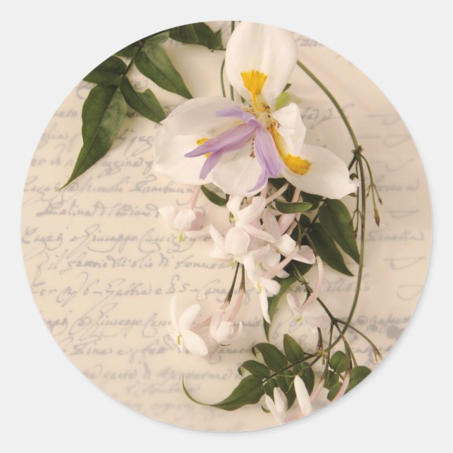 jasmine flowers and lily with script round sticker (Front)