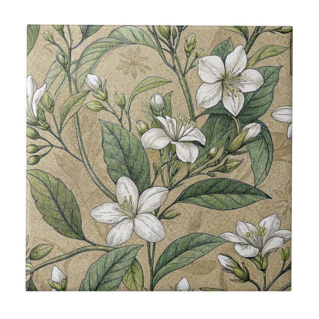 Jasmine flowers vintage botanicals beige seamless tile (Front)