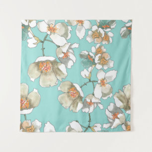 Jasmine Flowers: Watercolor Light Turquoise Tapestry