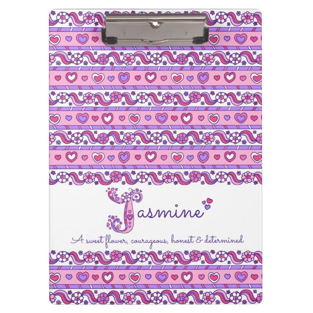 Jasmine name meaning hearts letter J Clipboard (Front)