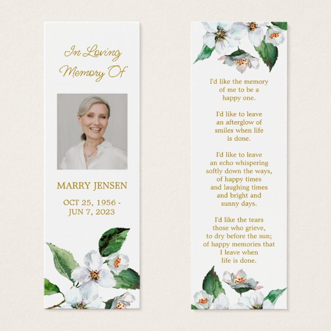 Jasmine Photo Funeral Memorial Bookmark (Front & Back)
