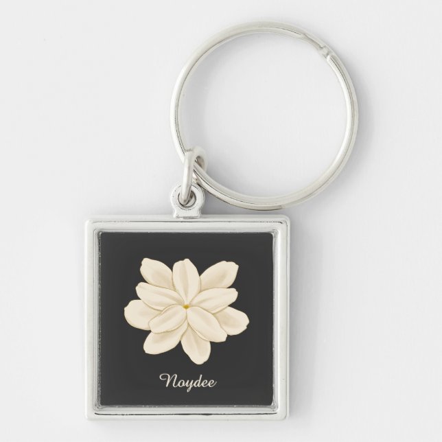 Jasmine White Flower Name on Black Key Ring (Front)