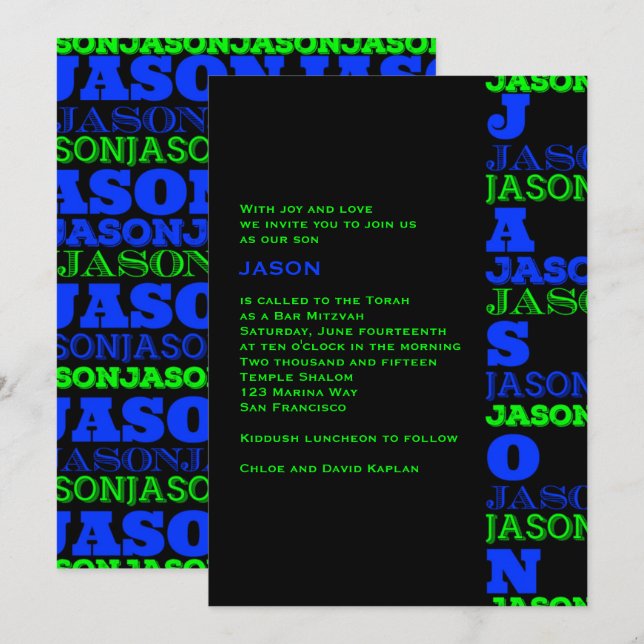 JASONCool Modern Bar Mitzvah Invitation Black Blue (Front/Back)