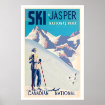 Jasper National Park Canada Woman Skiing Vintage