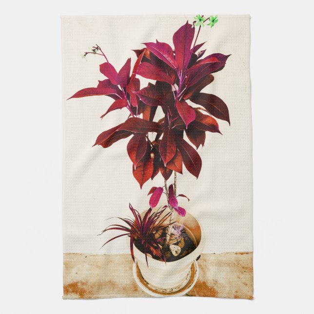 Jatropha Plant in Deep Red Tea Towel (Vertical)