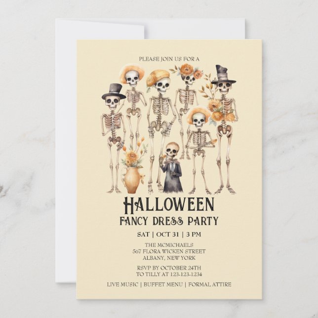 Jaunty Skeleton Family Portrait Halloween Party Invitation (Front)