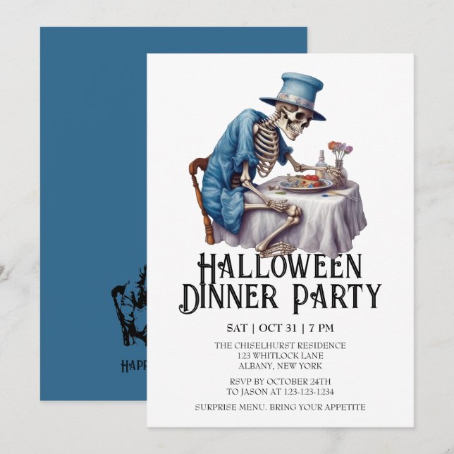 Jaunty Skeleton Halloween Dinner Party Invitation (Front/Back)