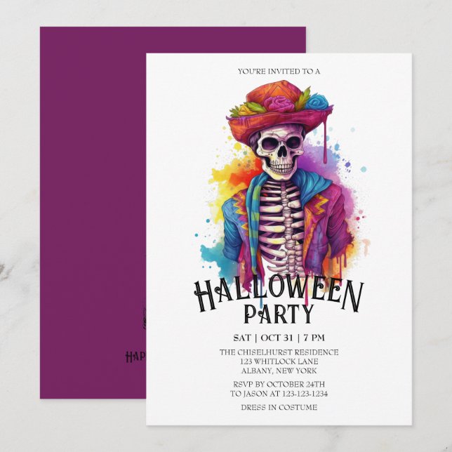 Jaunty Skeleton Vibrant Watercolor Halloween Party Invitation (Front/Back)