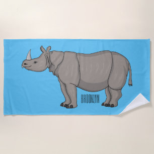 Javan rhinoceros cartoon illustration beach towel