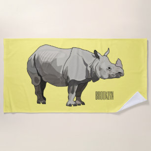 Javan rhinoceros cartoon illustration beach towel