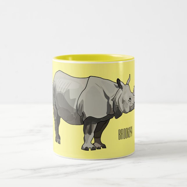 Javan rhinoceros cartoon illustration Two-Tone coffee mug (Center)