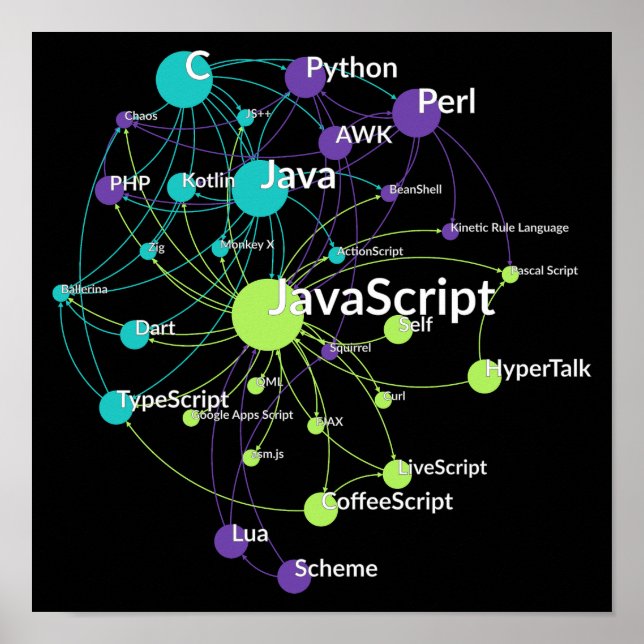 JavaScript Programming Language Influence Network Poster (Front)