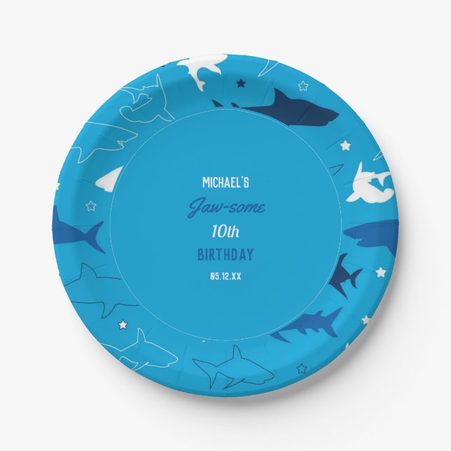 Jaw-some Shark Birthday Party Paper Plates (Front)