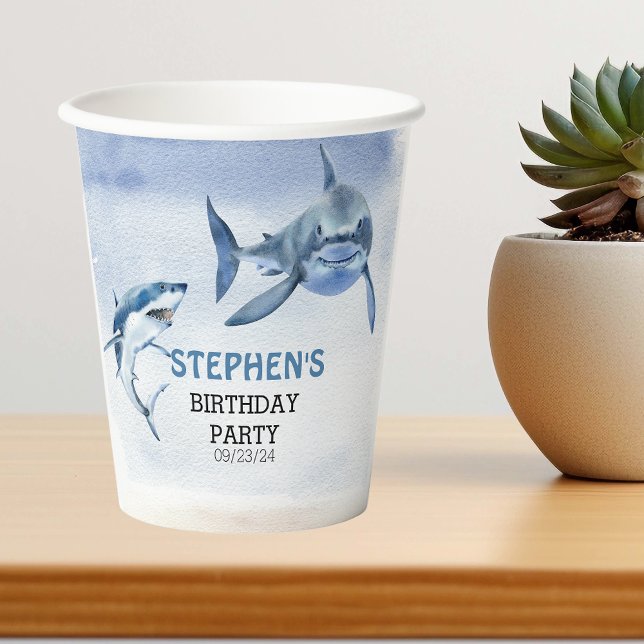 Jawsome Great White Shark Birthday  Watercolor  Paper Cups (Creator Uploaded)
