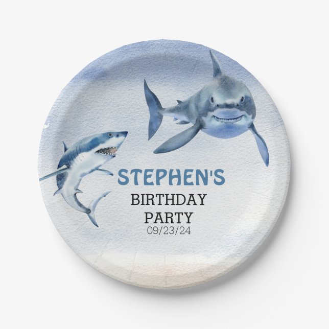 Jawsome Great White Shark Birthday  Watercolor Paper Plate (Front)