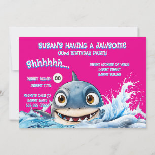 Jawsome Shark Birthday Invite Pink Girl