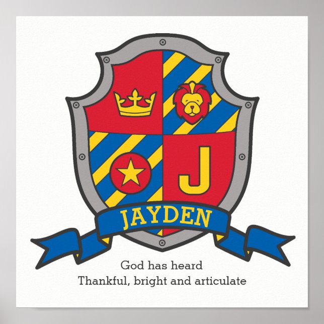 Jayden boys J name meaning blue red crest poster (Front)