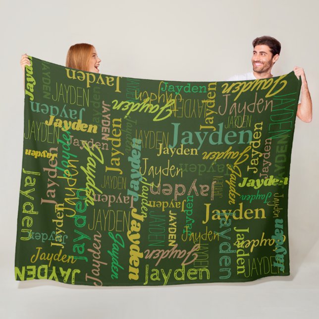 Jayden personalised name shades of green fleece blanket (In Situ)